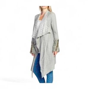 ARATTA SILENT JOURNEY Beaded Cuff Lace Waffle Knit Waterfall Cardigan - Large